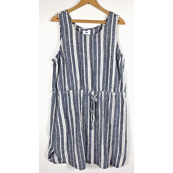 Old Navy Dress XL Linen Blend Gray / Blue White Ticking Stripe Shift Tunic - Picture 1 of 7